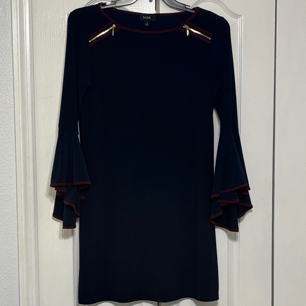 MSK Navy Shift Dress with Burgundy Trim and Gold Zipper Detail